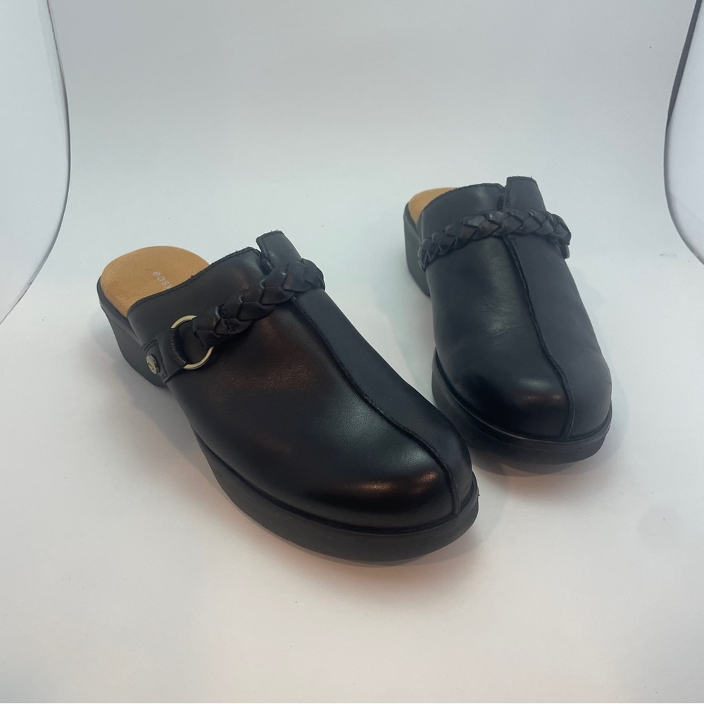 Easy Spirit Penelope Clogs Black Leather Mules Braided Comfort‎ Shoes Womens 9.5